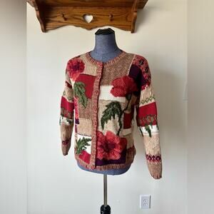 Tiara International 2002 Floral Knit Patchwork Cardigan Sweater Size Small